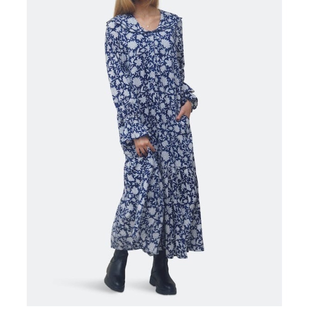 Maxi Floral Print Long Sleeve Dress - Blue/White